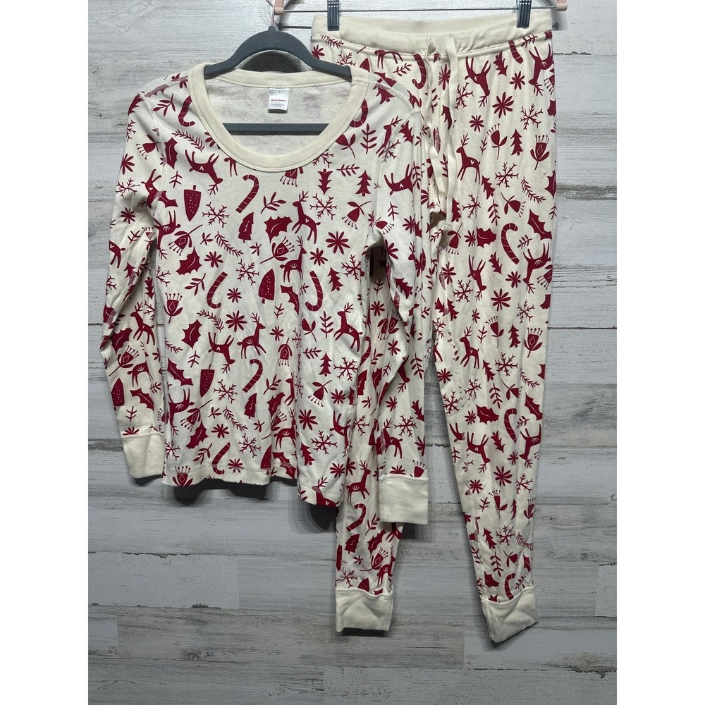 Hanna Andersson Pajama Set Womens M Ivory Red Reindeer Organic Cotton EUC